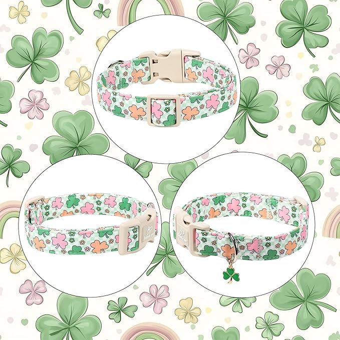 St Patricks Day Dog Collar for Medium Dogs - Cute Pastel Lucky Clover Dog Collars, Lightweight Adjustable Irish Green Festival Dogs Collars with Quick Release Buckle M