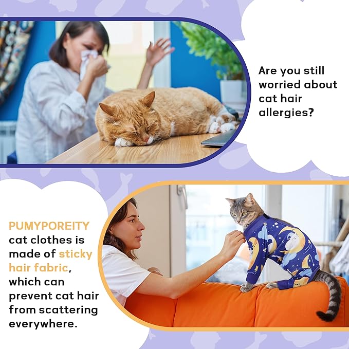 PUMYPOREITY Cat Hair Sticky Shirt – Breathable & Lightweight, Reduces Shedding Fur Pajamas, Prevents Licking Wounds After Surgery, Cat Sweaters - Soft & Machine Washable, Blue, L