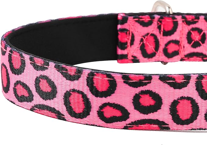 Reflective Dog Collar, Adjustable Soft Neoprene Padded Nylon Pet Collars with Buckle for Puppy and Small Dogs, Cats, Leopard Pink,XL