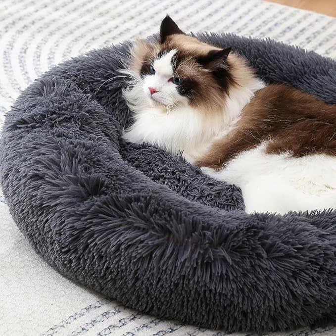 Calming Donut Cat Bed Dog Bed Round Plush Pet Cushion Fluffy Rabbit Cave Warm Dog Couch Non Slip Bottom for Pets Up to 10KG