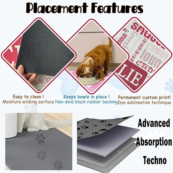Personalized Dog Cat Food Mat Waterproof Non Slip Pet Bowl Mat Absorbent Quick Dry Custom Name Feeding Mat for Floors Dog Cat Supplies Claw