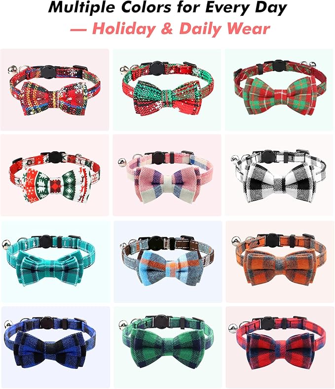 Joytale Upgraded Cat Collar with Bells, Breakaway Cat Collars with Bow Tie, 1 Pack Girl Boy Safety Plaid Kitten Collars, Blue