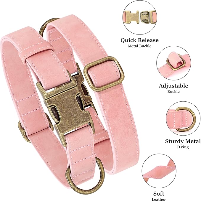 Didog Soft PU Leather Dog Collar, Stylish Quick Released Dog Collar for Large Dogs, Easy Clean Adjustable Pet Collar for Daily Walking, Pink, L Fit 15-23" Neck