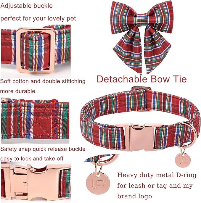 Christmas Plaid Dog Collar with Bow, Red and Blue Check Adjustable Pet Collar with Quick Release, Christmas Stripes Bowtie Collar for Small Medium Large Dogs XS
