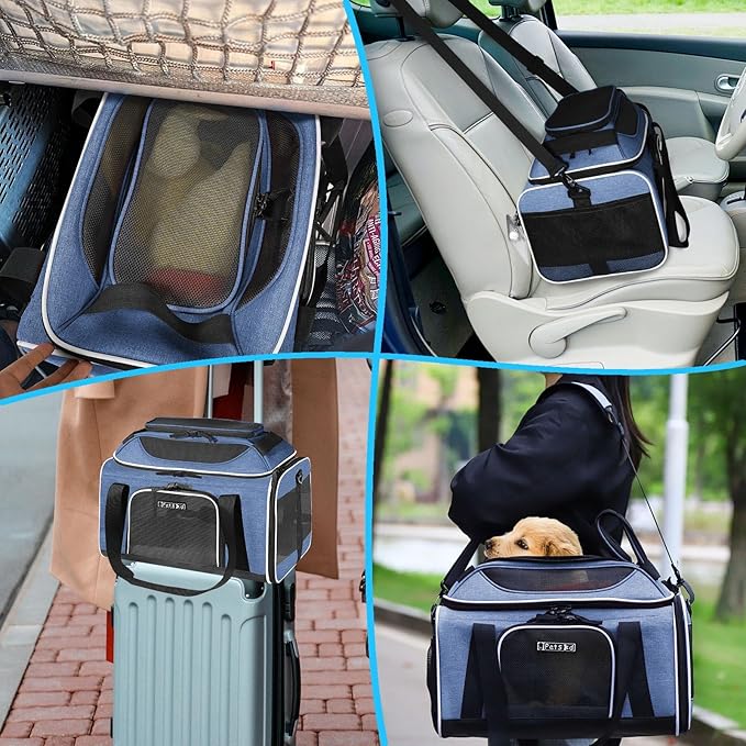 Petskd Top-Expandable Pet Carrier 18x11x11 Inches Delta American United Airline Approved, Soft-Sided Carrier for Small Cats and Dogs with Locking Safety Zippers and Anti-Scratch Mesh(Blue)