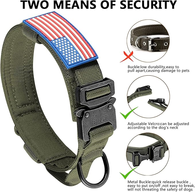 DAGANXI Tactical Dog Collar, Adjustable Military Training Nylon Dog Collar with Control Handle and Heavy Metal Buckle for Medium and Large Dogs, with Patches and Airtags Case (L, Green)