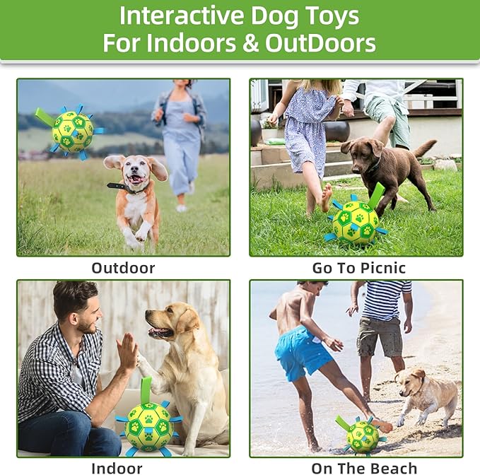 QDAN Dog Toys Soccer Ball, Dog Tug Toy, Water Toy, Durable Balls for Small Medium Dogs-Green Yellow(6 inch)