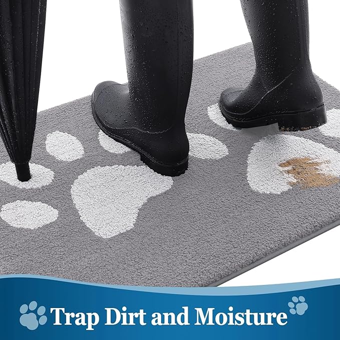 Buganda Dog Door Mat for Muddy Paws, Absorbent Dirt Trapper Washable Indoor Doormats, Non Slip Low-Profile Mud Mat for Dogs, Front Entrance Doormat for Inside Floor (47x32 Inches, Light Grey)