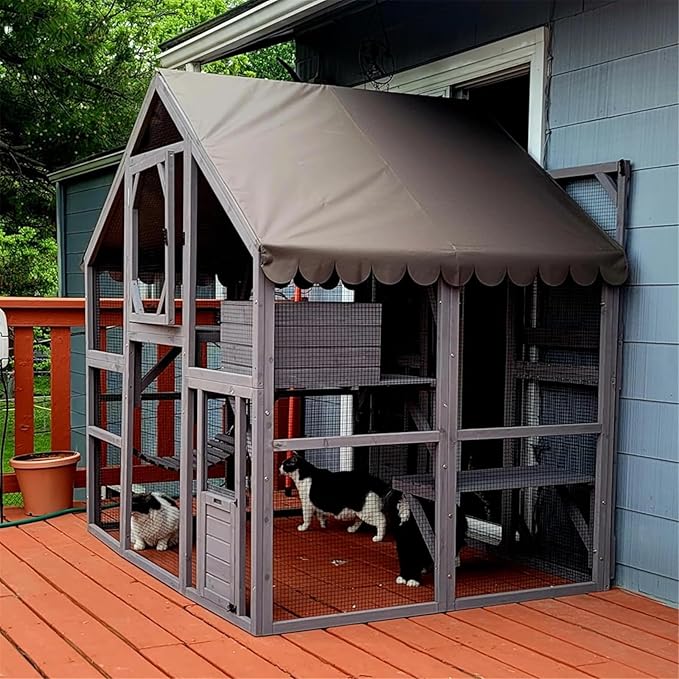Aivituvin Cat House Outdoor Catio Kitty Enclosure with Super Large Enter Door,Wooden Cat Cage Condo Indoor Playpen with Platforms,Small House 74 Inch