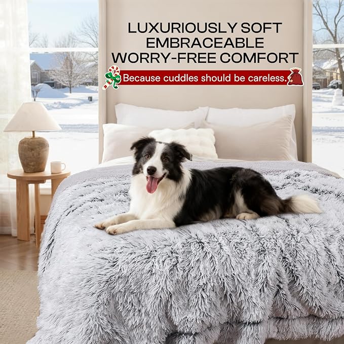Luciphia Large Waterproof Dog Blanket Pet Washable Liquid Proof Furniture Protector Small Shaggy Plush Calming Long Faux Fur Bed Cover for Couch Cat Blankets for Kitten Doggy, Mist Grey, 30" x 40"