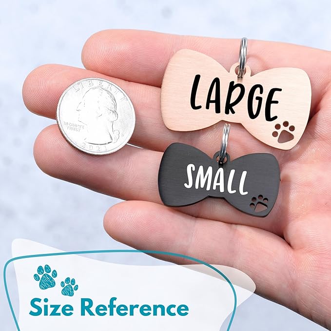 Ultra Joys Dog Tags Personalized for Pets - Hollow Paw Custom Pet ID Tag - Engraved Dog Tag for Small, Large Dogs - Large Bow Tie in Rose