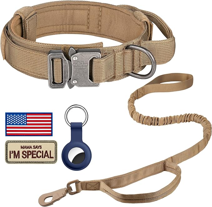 DAGANXI Tactical Dog Collar Leash Set, Adjustable Military Training Nylon Dog Collar with Controll Handle and Heavy Metal Buckle for Medium and Large Dogs，with Patches and Airtags Case (M, Brown-Set)