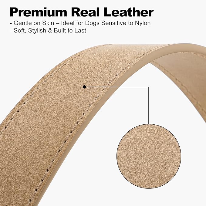 Plutus Pet Genuine Leather Dog Collar – Adjustable Pet Collar with Quick Release Metal Buckle, Soft Real Leather for Small Medium Large Dogs, Heavy Duty & Skin-Friendly (Beige, L)