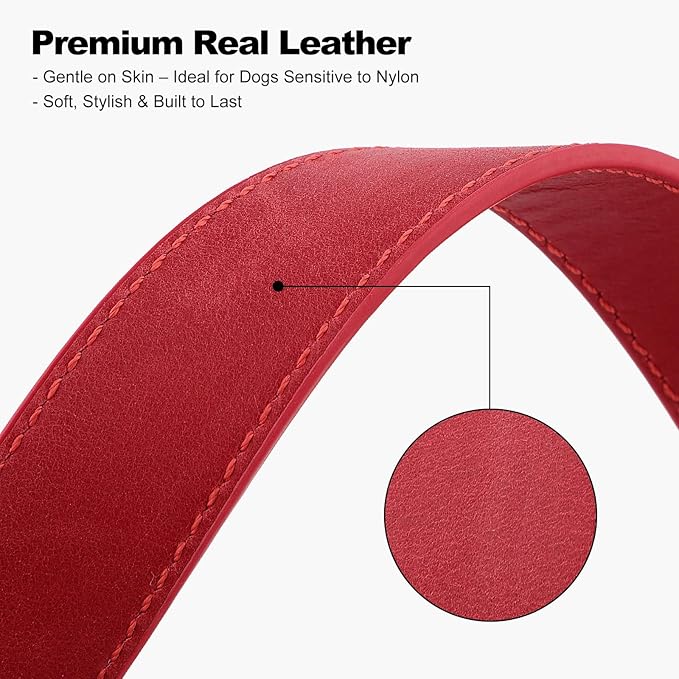 Plutus Pet Genuine Leather Dog Collar – Adjustable Pet Collar with Quick Release Metal Buckle, Soft Real Leather for Small Medium Large Dogs, Heavy Duty & Skin-Friendly (Red, L)