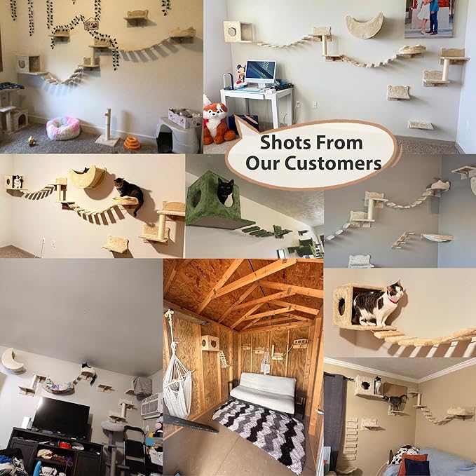 13-in-1 Cat Wall Shelves, Wall Mounted Cats Furniture Set with Plush Fabric, Cat Climbing Wall Systems, Cats Shelf with Moon Hammock, Condo, House, Step, Bridge Ladder, Scratching Post, Beige