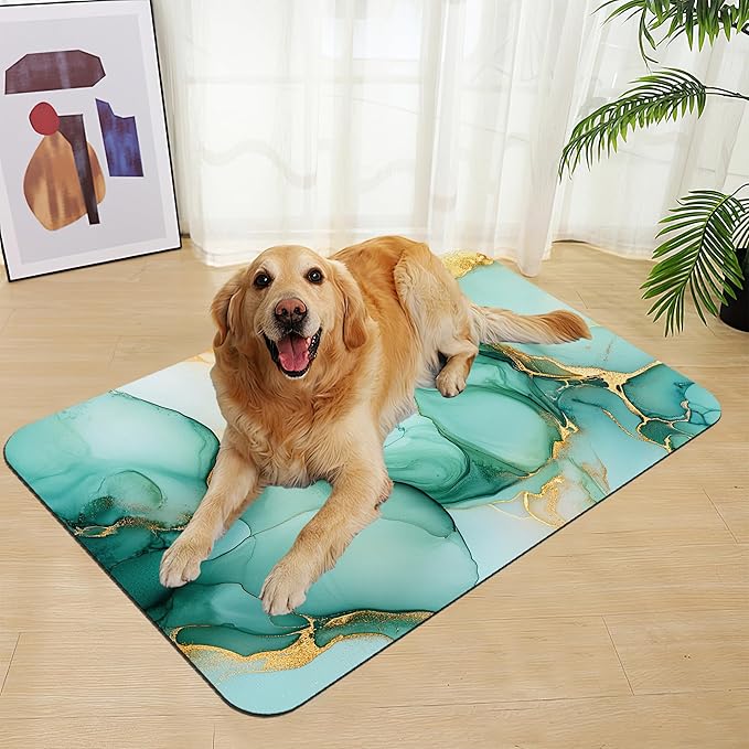 Green Marble Pet Feeding Mat for Floors–Christmas Stocking Absorbent Quick Dry Dog Cat Bowl Mat for Food and Water, Non Slip Waterproof Base, Mess-Free Feeding Accessories 16"x24"