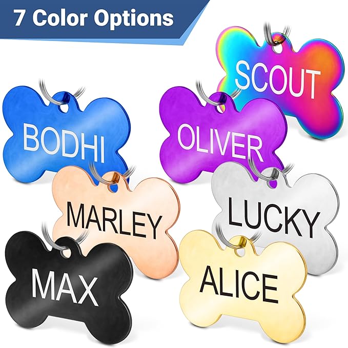 GoTags Stainless Steel Pet ID Tags, Personalized Dog Tags and Cat Tags, up to 8 Lines of Custom Text, Engraved on Both Sides, in Bone, Round, Heart, Bowtie and More (Dog Bone, Small (Pack of 1))
