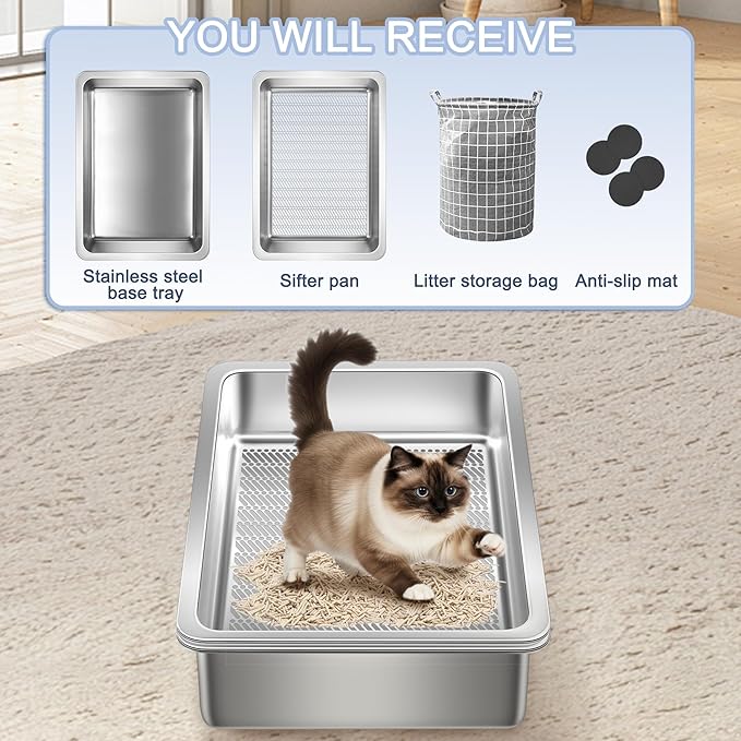 Teheao Stainless Steel Sifting Cat Litter Box for Clumping Litter, XL Extra Large Metal Sifter Tray Pan with Cat Litter Bag, Low Dust, Odor Control, Easy Cleaning (19.7"*13.8"*5.9")