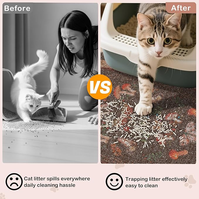 Bienbee Cat Litter Mat, 33" x 22" Large Size Litter Box Mat Rug with Non-Slip Bottom,Urine and Water Proof, Easy to Clean Cat Supplies Essentials for Indoor Kitty Kitten Floor,Brown Mushrooms L