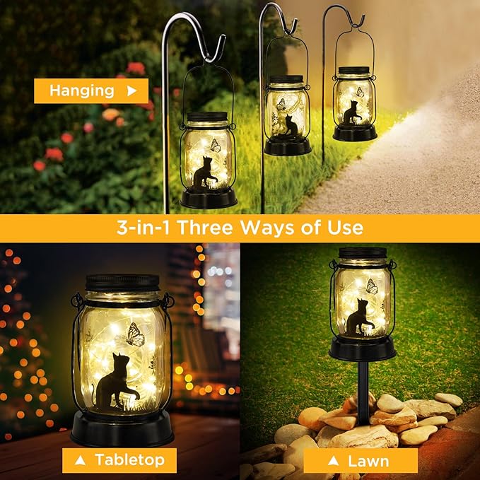 kyoryuger Cat Lover Gifts for Mom/Grandma/Women/Sister Cat Butterfly Solar Light Gifts Solar Lanterns Outdoor Waterproof Fairy Lights Led Mason Jar Hanging Cat Lamps Decor for Garden Yard Torche