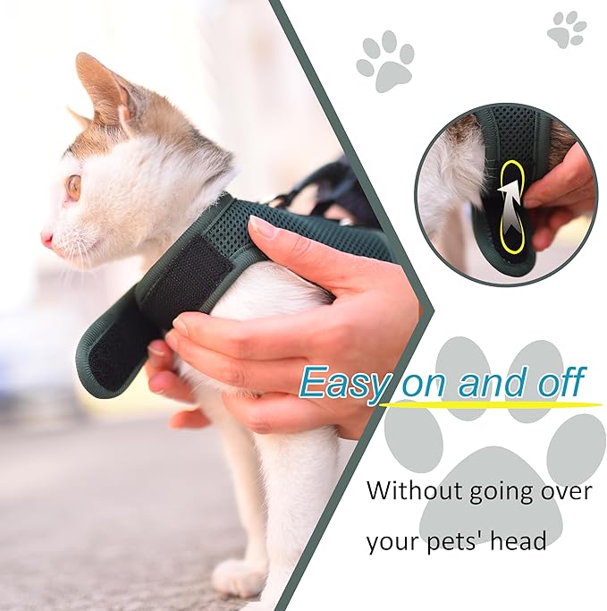 Cat Harness and Leash for Walking Escape Proof Breathable Mesh Fabric, Solid Green, Medium, Adjustable Cat Walking Jackets, Padded Stylish Cat Vest