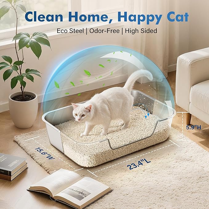Stainless Steel Cat Litter Box with Low Entry, Large Metal Kitty Litter Box for Senior or Injured Cats, Odor-Free, Non-Stick, Easy to Clean, 23.4"x15.6"x7.8", for Multiple Cats