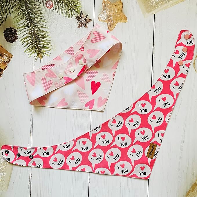 Valentines Dog Bandanas with Snap Button - 2 Pack Reversible Heart Dog Scarf for Boy & Girl, Premium Durable Fabric, Pet Bandana for Small Dogs (Small)