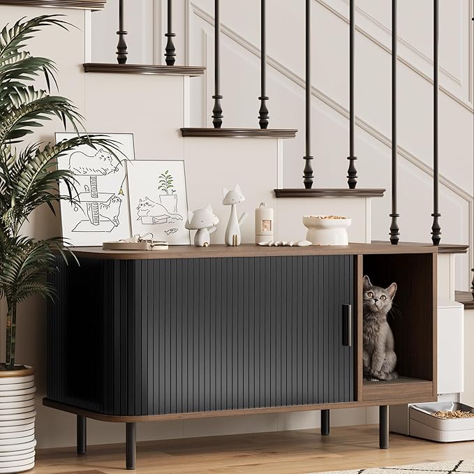 Cat Litter Box Enclosure with Cat Scratch Pad, Sliding Door, 37.4" Litter Box Enclosure Furniture Hidden Litter Box, Modern Indoor Cat House, TV Stand, Side End Table for Living Room, Black