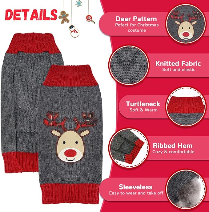 Dog Christmas Sweater Xmas Pet Clothes Cute Gray Reindeer Holiday Puppy Cat Costume New Year Gifts for Small Medium Large Dogs Jumpers (L, Gray Reindeer)