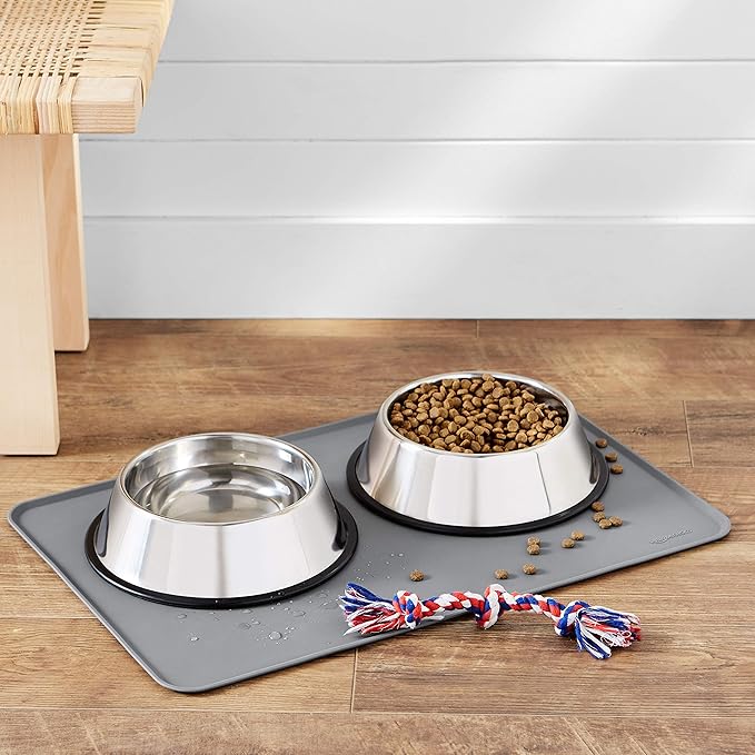 Amazon Basics Waterproof Anti-Slip Silicone Pet Food and Water Bowl Mat, 24 x 16 inches, Grey, Solid