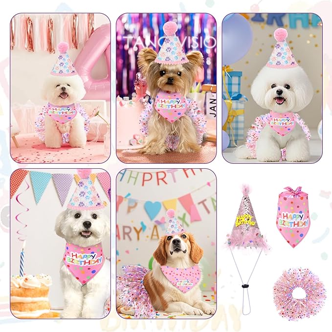 Dog Birthday Bandana with Hat and Dress Girl Set Puppy Birthday Party Supplies Cute Tutu Skirt Outfit for Small Medium Large Dogs Decorations(Purple) (Rose red)