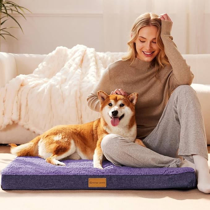Patas Lague Orthopedic XL Dog Bed Large Sized Dog 42''X28'', Soft Waterproof Egg Crate Foam Large Pet Crate Beds Mat with Removable Washable Cover and Non-Slip Bottom, Purple