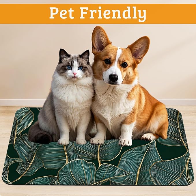 Tropical Palm Feeding Mat,Green Leaves Absorbent Quick-Dry Cat Dog Food and Water Bowl Mats,Non-Slip Rubber Backing Mat,Cat Dog Accessories Supplies 12" x 20"
