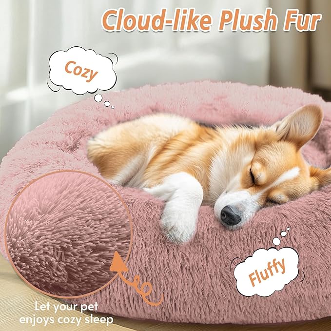 JOLLYVOGUE Calming Dog Bed for Small Dogs - 23 inches Donut Washable Small Dog Bed for Kittens & Puppies, Anti-Slip Round Fluffy Plush Faux Fur Cat Beds (Fits up to 25 lbs Pets, Dark Pink)