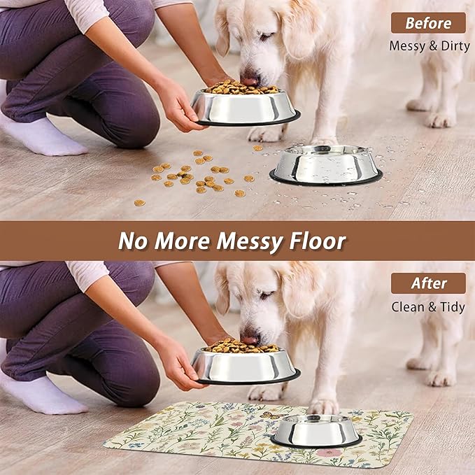 Wildflowers Dog Cat Food Mat,Vintage Botanical Garden Plants Herb Butterfly Absorbent Pet Feeding Mat for Food and Water,Non-Slip Dog Bowl Mats Floor Protector 12"x20"