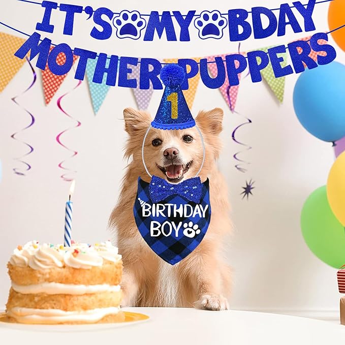 STMK Dog Birthday Decorations, Multi Sizes Dog Birthday Hat with Numbers Bandana Bow Tie It’s My Bday Mother Puppers Banner for Small Medium Dogs Pets (Blue, Small)