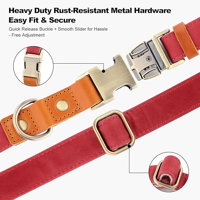 Plutus Pet Genuine Leather & Hemp Dog Collar – Adjustable Heavy Duty Pet Collar with Quick Release Metal Buckle, Soft & Stylish for Puppy and Small, Medium, Large Dogs (Red, M)