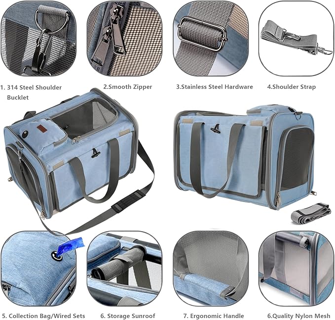 Cats Carrier Soft Small Dog Carriers for Small Dogs Blue Softsided Pet Carrier Airline Approved,Large Pocket,Breathable,Privacy Protection Pets Bag Travel Outdoor Kitties/Pups Bed