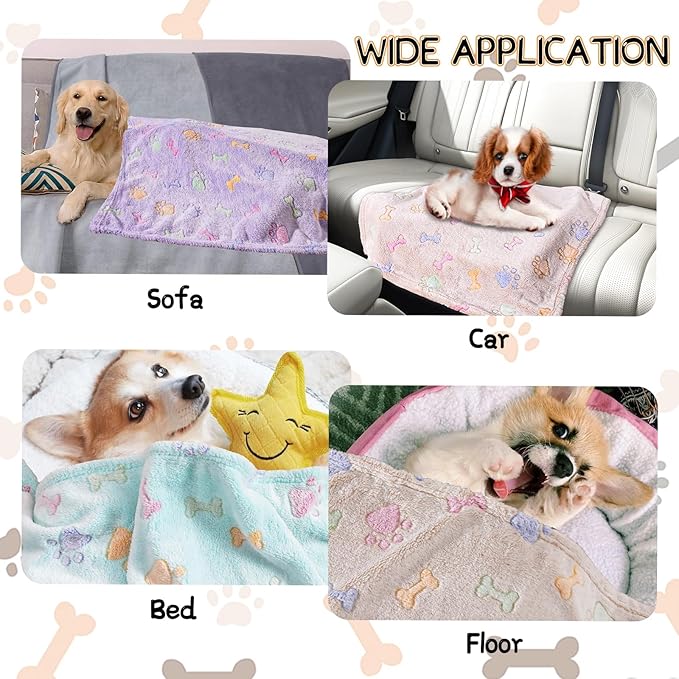 Rezutan 1 Pack 3 Dog Blankets for Small Pet Cat Super Soft Fluffy Premium Throw for Dog Kennels-Beds, Paw Print Blanket, 23x16inch,Purple/Green/Brown