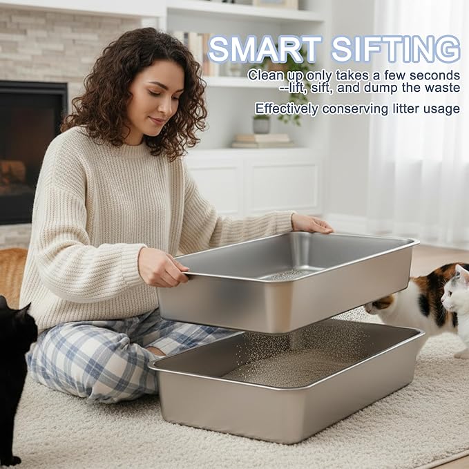 Teheao Stainless Steel Sifting Cat Litter Box for Clumping Litter, Kitty Large Metal Sifter Tray Pan with Cat Litter Bag, Low Dust, Odor Control, Easy Cleaning (17.7"*13.8"*5.9")