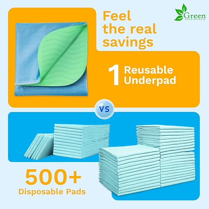 GREEN LIFESTYLE® Washable Underpads - Heavy Absorbency Reusable Bedwetting Incontinence Pads for Kids, Adults, Elderly, and Pets - Toddler Mattress Pads for Bed, Sofa, Couch, Floor (Pack of 6 - 34x36)