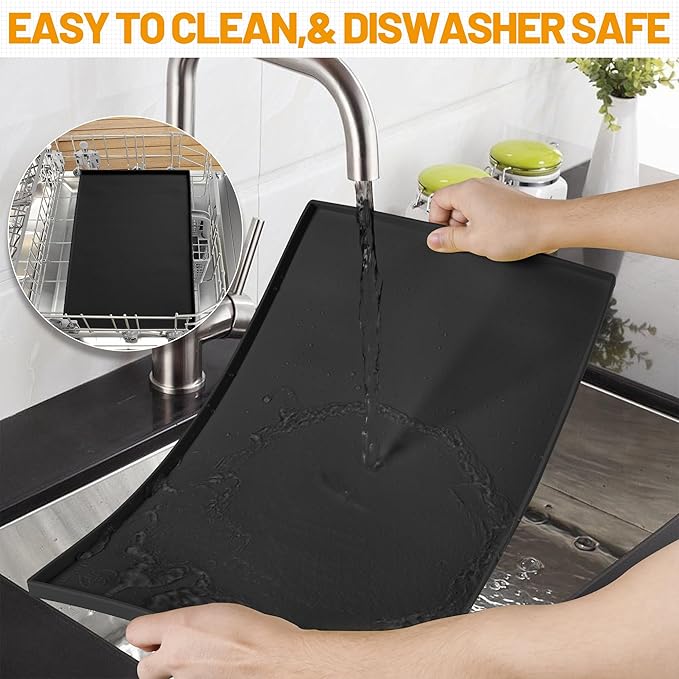 Hubulk Dog Feeding Mat,100% Waterproof Food Grade Silicone Pet Food and Water Bowl Placemat,Dishwasher, High Raised Edge to Prevent Spills,Nonslip Tray to Stop Messes on Floor (24"x16"x0.5", Black)