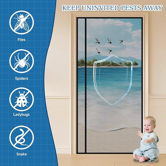 Magnetic Screen Door Left Right Side Opening Upgraded PET Mesh Greater Than Fiberglass and Polyester,Keep Bugs Out,Pet & Kid Friendly,Suitable for Sliding Doors,Patio French Doors-74" X 98"
