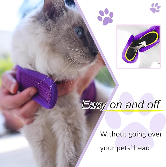 Cat Harness and Leash for Walking Escape Proof Breathable Mesh Fabric, Purple, Medium, Adjustable Cat Walking Jackets with DIY Beads, Padded Stylish Cat Vest