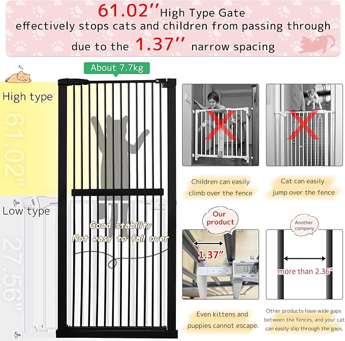 Lumizone Extra Tall Cat Gate 61.02" High Pressure Mounted Extra Wide 46.65"-50.78" (17Sizes) 1.37" Gap No Drilling Auto-Close Tall Pet Gate for Dogs (Black, 46.65"-50.78" W)