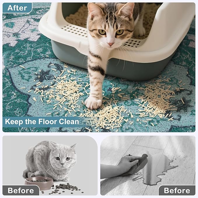 Bienbee Cat Litter Mat, 33" x 22" Large Size Litter Box Mat Rug with Non-Slip Bottom,Urine and Water Proof, Easy to Clean Cat Supplies Essentials for Indoor Kitty Kitten Floor,Green L