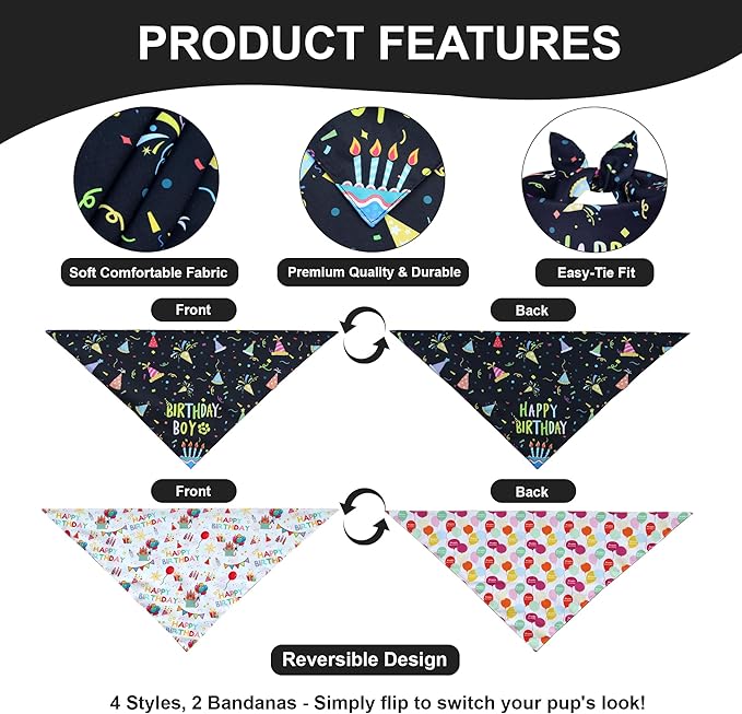 Dog Birthday Bandanas, 2-Pack Reversible 4 Patterns for Small Dogs - Black Boy & White Girl Birthday Scarf, Party Outfit Gift for Pups (9-14" Neck)