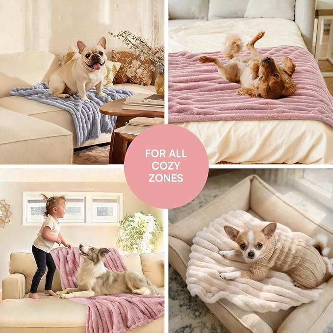 LINENLUX 1 Pack 3 Soft Dog Blanket Washable Warm Fleece Cat Blankets for Pet Puppy Fluffy Calming Flannel Beige/Pink/Grey Medium