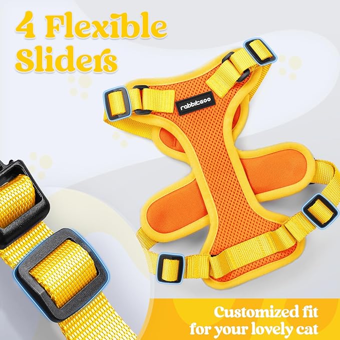 rabbitgoo Cat Harness and Leash Set, Escape Proof Soft Adjustable Vest Harnesses for Outdoor Walking, Easy Control Breathable Kitten Jacket with Reflective Strips, Orange & Yellow, M