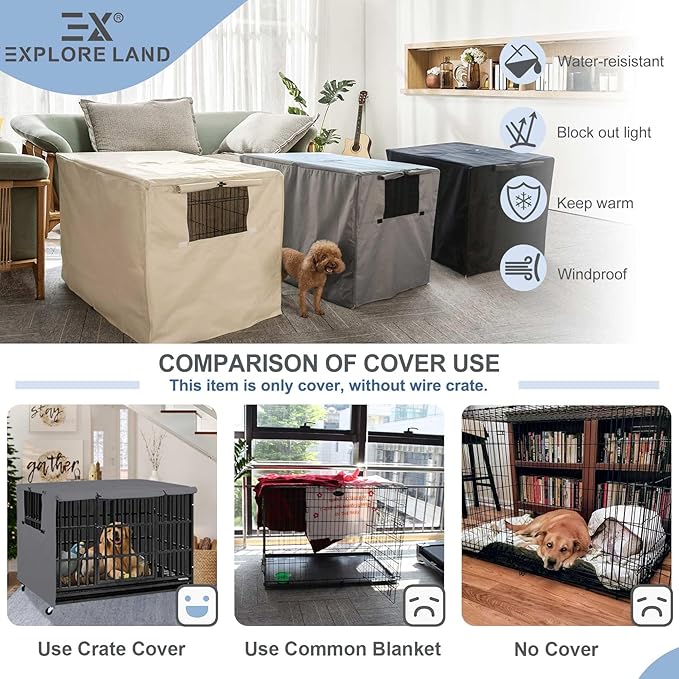 Explore Land Dog Crate Cover Heavy Duty Polyester Pet Kennel Sunshade Universal Fit for 48 inches Wire Cage (Grey)